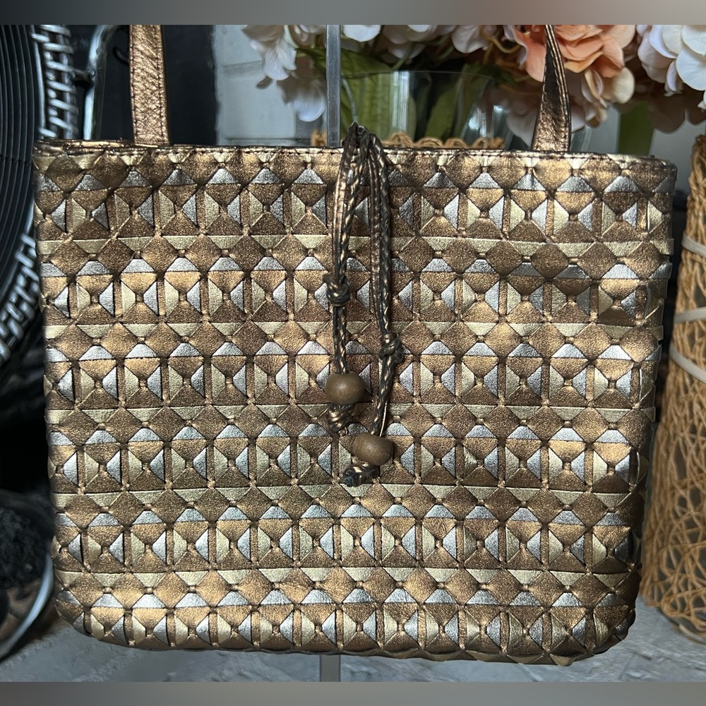 CEM Vintage Gold & Bronze Leather Woven Crossbody Bag